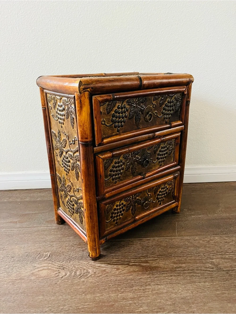 Bamboo Accent 3-Drawer Side Table in Warm Brown
